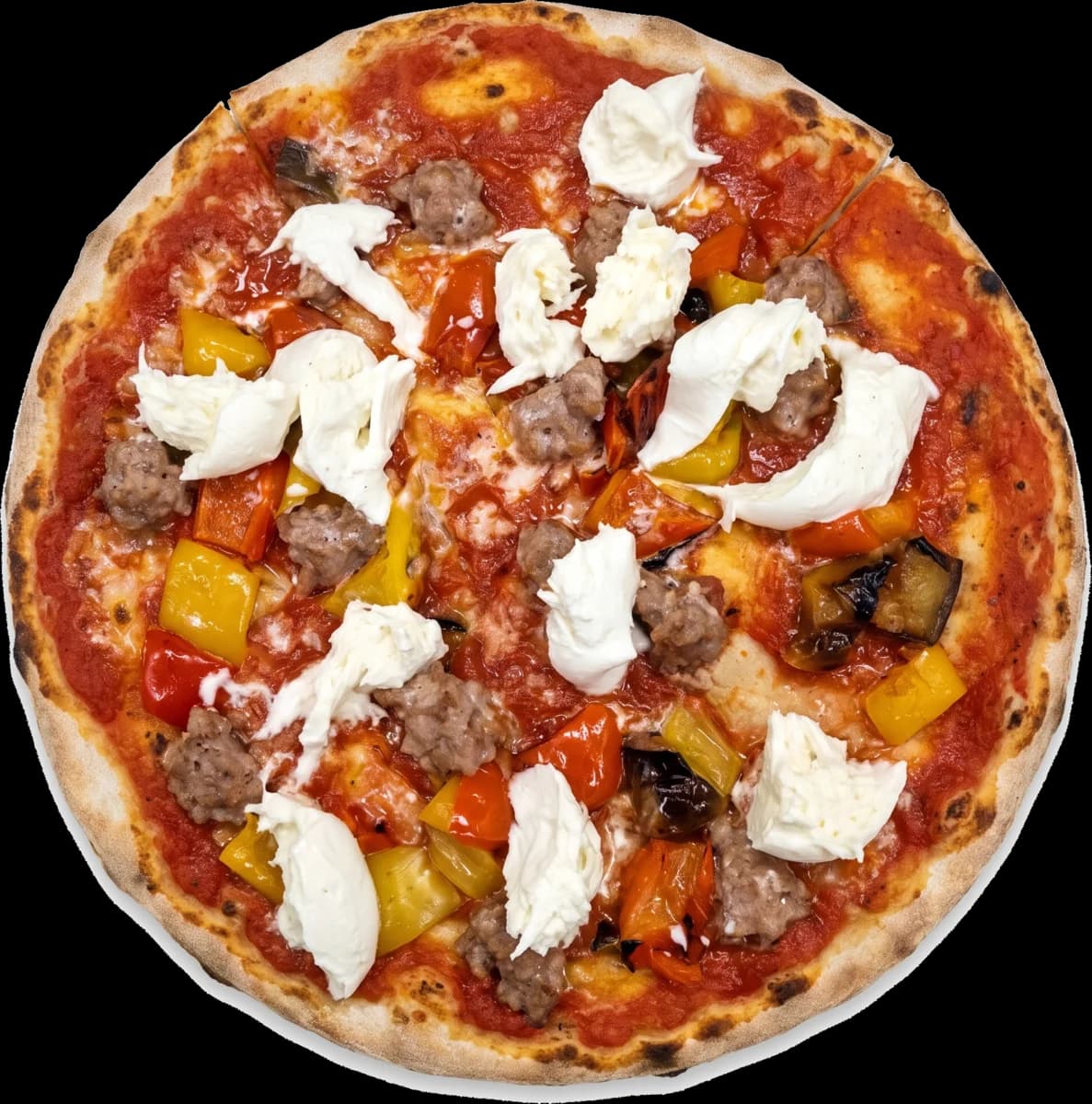 Pizza con salsiccia, peperoni e mozzarella di bufala