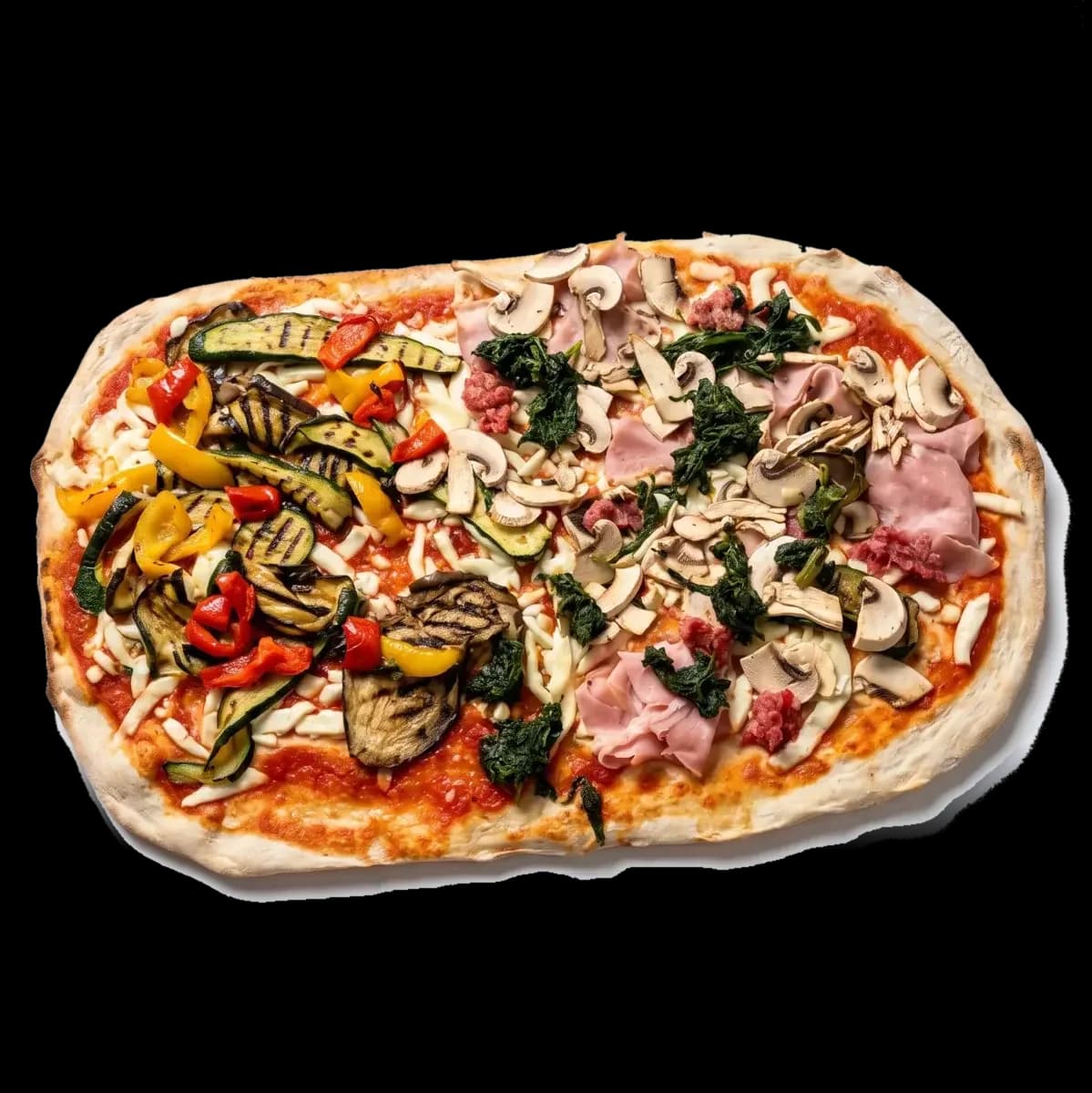 Mezzo metro farcito con due gusti, verdure grigliate da una parte e prosciutto cotto con funghi dall'altra